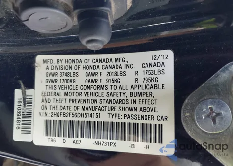 2013 Honda Civic Lx из США, поврежденный, VIN 2HGFB2F56DH514151